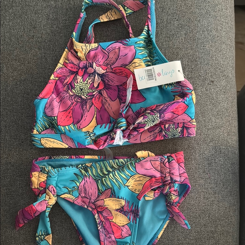 BEACH LINGO Kids Floral Bikini Set - Blue and Pink